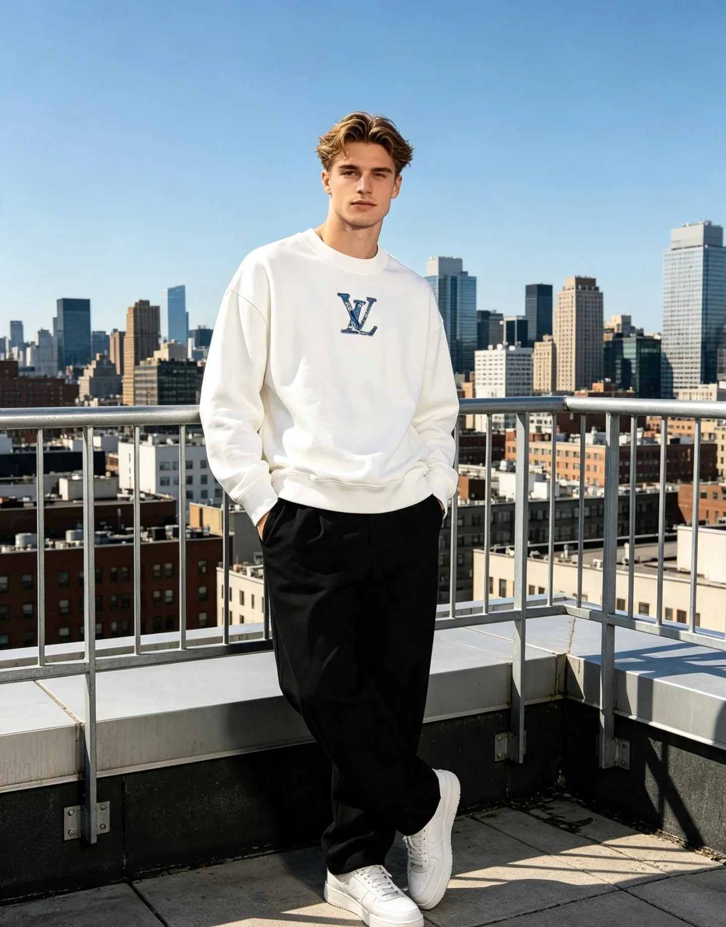 Louis Vuitton/Louis Vuitton denim patch letter embroidered crew neck sweatshirt
